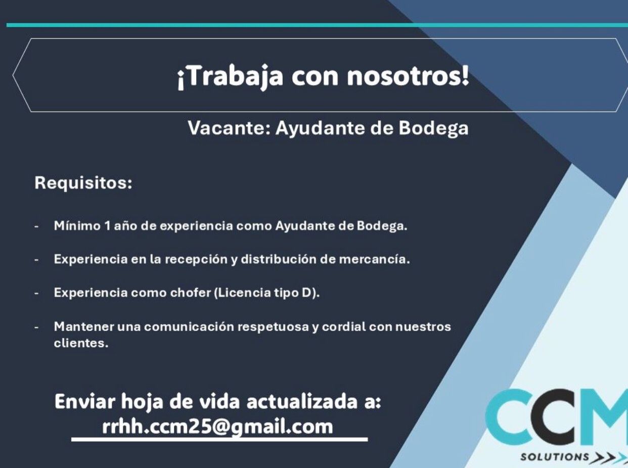 vacante ayudante de bodega en ccm solutions