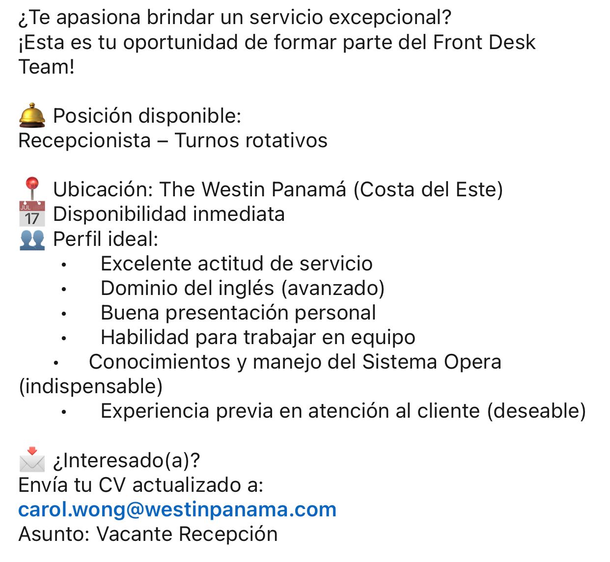 vacante recepcionista en the westin panamá