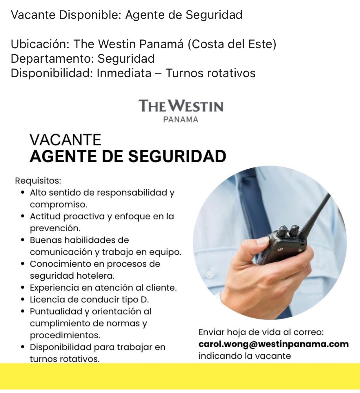 vacante de agente de seguridad en The Westin Panamá