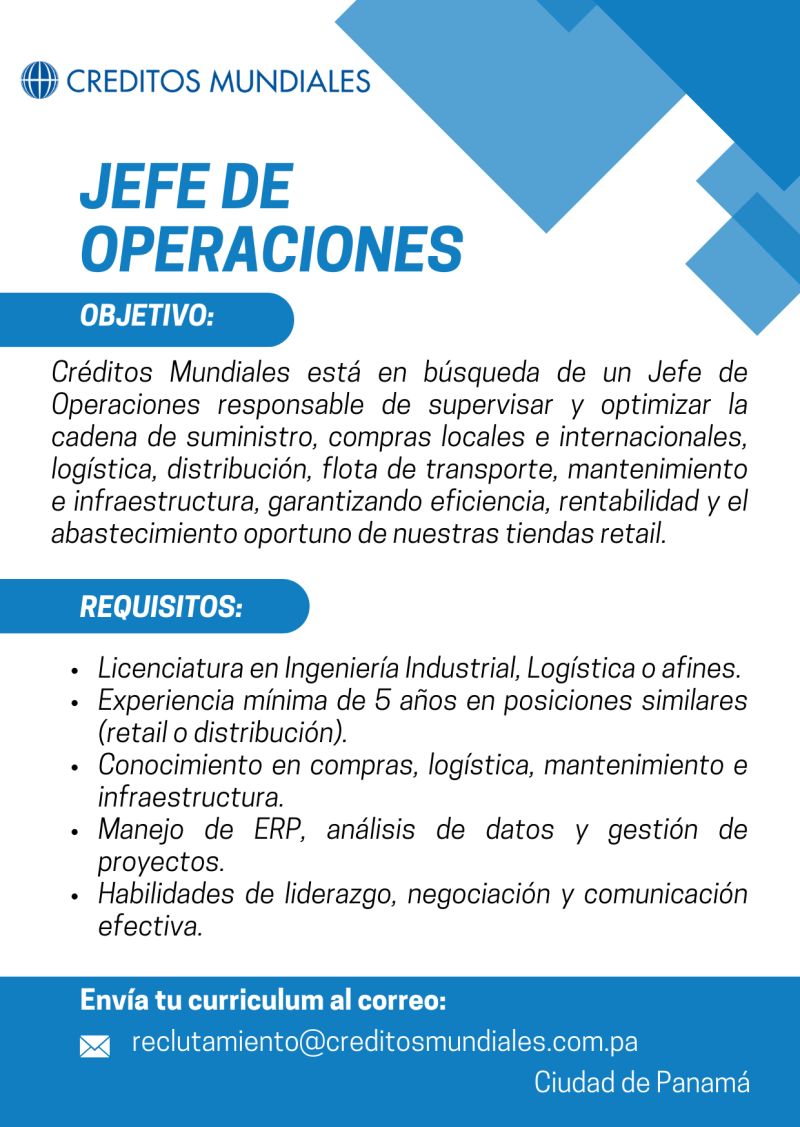 vacante de jefe de operaciones en créditos mundiales